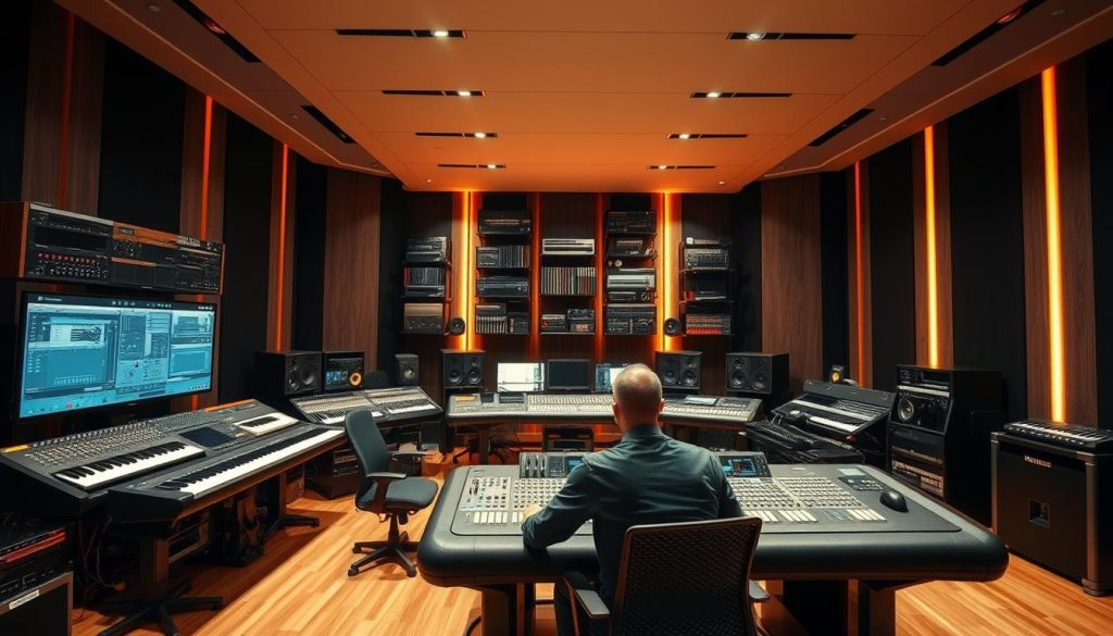 a large, sleek, and modern recording studio filled with cutting-edge music production equipment. In the foreground, a professional audio engineer sits at a state-of-the-art mixing console, intently focused on their work. Towering behind them, an array of high-tech synthesizers, samplers, and digital audio workstations line the walls, creating a sense of technological sophistication. Ambient lighting casts a warm, vibrant glow throughout the space, complementing the sleek, minimalist design aesthetic. The overall atmosphere conveys a sense of creativity, innovation, and the seamless integration of technology and musical expression. a large, sleek, and modern recording studio filled with cutting-edge music production equipment. In the foreground, a professional audio engineer sits at a state-of-the-art mixing console, intently focused on their work. Towering behind them, an array of high-tech synthesizers, samplers, and digital audio workstations line the walls, creating a sense of technological sophistication. Ambient lighting casts a warm, vibrant glow throughout the space, complementing the sleek, minimalist design aesthetic. The overall atmosphere conveys a sense of creativity, innovation, and the seamless integration of technology and musical expression.