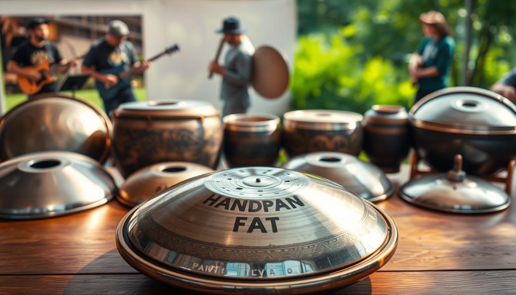 A beautifully arranged collection of various handpans displayed artfully on a wooden table, showcasing different appellations such as "Handpan," "Hang Drum," and "Pantam." Each instrument features unique designs and textures, emphasizing their distinct characteristics. In the foreground, a close-up of a handpan with intricate patterns and glimmering metallic surfaces catches the light, reflecting soft hues of blue and green. The background includes blurred images of musicians playing handpans in a serene outdoor setting, surrounded by lush greenery. The overall atmosphere is tranquil and inviting, with gentle, warm lighting casting soft shadows, evoking a sense of harmony and creativity, ideal for illustrating the classifications and nuances of these musical instruments. A beautifully arranged collection of various handpans displayed artfully on a wooden table, showcasing different appellations such as "Handpan," "Hang Drum," and "Pantam." Each instrument features unique designs and textures, emphasizing their distinct characteristics. In the foreground, a close-up of a handpan with intricate patterns and glimmering metallic surfaces catches the light, reflecting soft hues of blue and green. The background includes blurred images of musicians playing handpans in a serene outdoor setting, surrounded by lush greenery. The overall atmosphere is tranquil and inviting, with gentle, warm lighting casting soft shadows, evoking a sense of harmony and creativity, ideal for illustrating the classifications and nuances of these musical instruments.