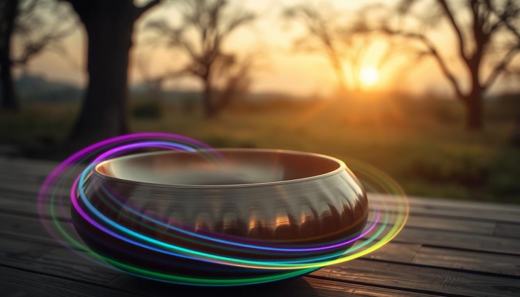 A beautifully designed handpan rests on a wooden surface, showcasing its unique curved shape and resonant surface. In the foreground, soft waves of vibrational energy emanate from the instrument, illustrated as colorful soundwaves spiraling outward. In the middle ground, a serene atmosphere is created with gentle ambient lighting that glimmers on the handpan’s polished surface, reflecting hues of bronze and silver. In the background, a softly blurred landscape reveals a tranquil outdoor setting, with trees and a faint sunset, emphasizing harmony and connection with nature. The overall mood is peaceful and meditative, inviting viewers to feel the calming vibrations associated with the handpan’s sound. A beautifully designed handpan rests on a wooden surface, showcasing its unique curved shape and resonant surface. In the foreground, soft waves of vibrational energy emanate from the instrument, illustrated as colorful soundwaves spiraling outward. In the middle ground, a serene atmosphere is created with gentle ambient lighting that glimmers on the handpan’s polished surface, reflecting hues of bronze and silver. In the background, a softly blurred landscape reveals a tranquil outdoor setting, with trees and a faint sunset, emphasizing harmony and connection with nature. The overall mood is peaceful and meditative, inviting viewers to feel the calming vibrations associated with the handpan’s sound.