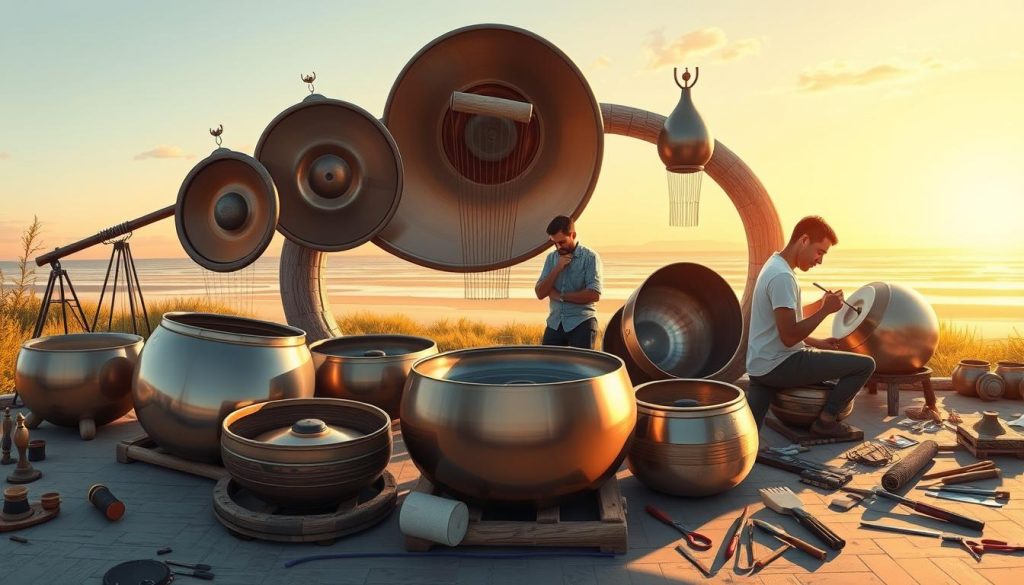 A beautifully detailed illustration showcasing the evolution of the handpan, featuring a sequence of instruments from the original Hang to modern handpans. In the foreground, display a traditional Hang with its distinctive shape and tones, surrounded by variations of contemporary handpans with different shapes, colors, and finishes that reflect craftsmanship. In the middle ground, include a skilled artisan working on a handpan, highlighting the intricate process of creation, with tools and materials scattered around. The background should depict a serene outdoor setting, perhaps a tranquil garden or a beach at sunset, casting warm golden light over the scene. The overall mood is harmonious and inspiring, capturing the journey of this unique musical instrument over time. A beautifully detailed illustration showcasing the evolution of the handpan, featuring a sequence of instruments from the original Hang to modern handpans. In the foreground, display a traditional Hang with its distinctive shape and tones, surrounded by variations of contemporary handpans with different shapes, colors, and finishes that reflect craftsmanship. In the middle ground, include a skilled artisan working on a handpan, highlighting the intricate process of creation, with tools and materials scattered around. The background should depict a serene outdoor setting, perhaps a tranquil garden or a beach at sunset, casting warm golden light over the scene. The overall mood is harmonious and inspiring, capturing the journey of this unique musical instrument over time.