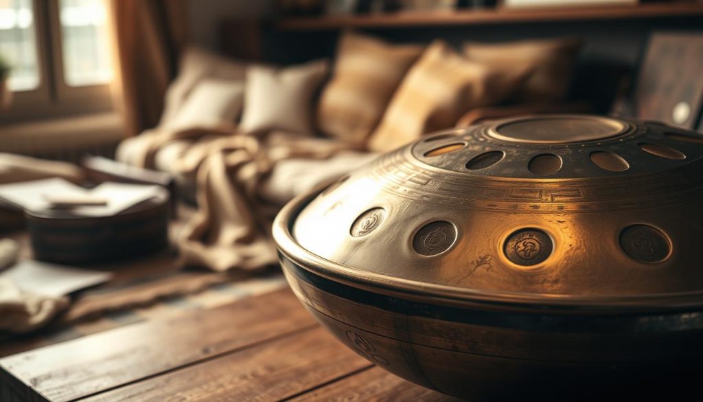 A close-up view of a beautifully crafted handpan resting on a wooden table, showcasing its intricate craftsmanship and unique metallic surface reflecting light. The foreground features delicate details of the handpan's dimples and edges, while the middle ground includes soft, blurred textiles that provide a warm, inviting atmosphere. In the background, there is a cozy, dimly lit room with subtle hints of musical instruments and notes on sheets scattered, conveying an artistic vibe. Soft, golden lighting creates a tranquil mood, enhancing the elegance of the handpan. The image should convey the theme of quality and value, emphasizing the investment in this unique musical instrument. No text or branding elements should be present. A close-up view of a beautifully crafted handpan resting on a wooden table, showcasing its intricate craftsmanship and unique metallic surface reflecting light. The foreground features delicate details of the handpan's dimples and edges, while the middle ground includes soft, blurred textiles that provide a warm, inviting atmosphere. In the background, there is a cozy, dimly lit room with subtle hints of musical instruments and notes on sheets scattered, conveying an artistic vibe. Soft, golden lighting creates a tranquil mood, enhancing the elegance of the handpan. The image should convey the theme of quality and value, emphasizing the investment in this unique musical instrument. No text or branding elements should be present.