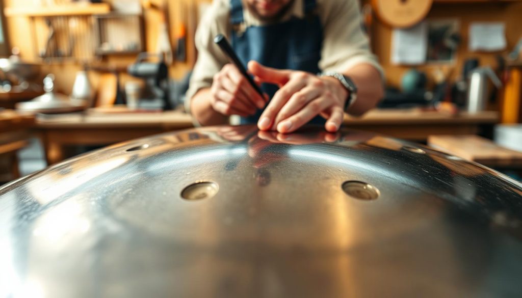 A close-up view of a handpan made from three different metals: nitrided steel, stainless steel, and Ember Steel, showcasing their unique textures and colors. In the foreground, focus on the shiny surface of the handpan, with intricate dimples and a polished finish, reflecting soft light to highlight its craftsmanship. In the middle ground, feature a professional-looking artisan's hands gently tuning the handpan, emphasizing care and precision. The background should be a warm, softly blurred workshop setting, filled with tools and materials, bathed in warm, natural light to create an inviting and creative atmosphere. The overall mood is artistic and inspiring, capturing the essence of quality metalwork in musical instrument craftsmanship. A close-up view of a handpan made from three different metals: nitrided steel, stainless steel, and Ember Steel, showcasing their unique textures and colors. In the foreground, focus on the shiny surface of the handpan, with intricate dimples and a polished finish, reflecting soft light to highlight its craftsmanship. In the middle ground, feature a professional-looking artisan's hands gently tuning the handpan, emphasizing care and precision. The background should be a warm, softly blurred workshop setting, filled with tools and materials, bathed in warm, natural light to create an inviting and creative atmosphere. The overall mood is artistic and inspiring, capturing the essence of quality metalwork in musical instrument craftsmanship.