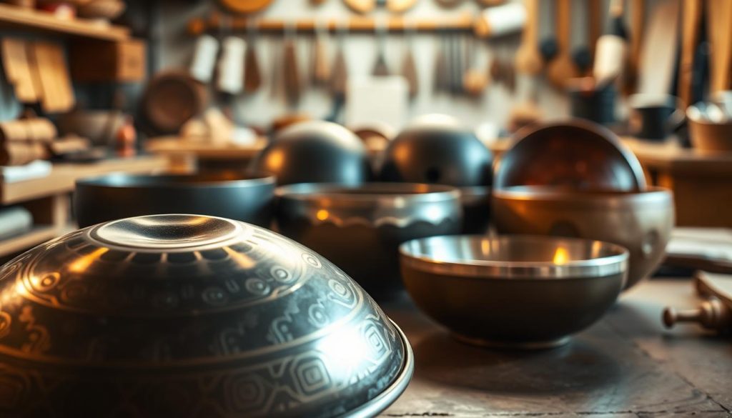 A detailed composition showcasing an array of handpans, each representing different technical criteria that affect their pricing. In the foreground, a polished, beautifully crafted handpan with intricate patterns glimmers under soft, warm lighting, highlighting its curves and contours. In the middle ground, add a few handpans of varying sizes and finishes—matte, shiny, and natural—arranged thoughtfully to emphasize their distinct craftsmanship. In the background, a blurred artisan workshop setting with tools and materials subtly hints at the craftsmanship process, creating an atmosphere of artistry and expertise. The overall mood is inviting and educational, with soft-focus lighting that casts gentle shadows, providing a serene and informative feel to the image. A detailed composition showcasing an array of handpans, each representing different technical criteria that affect their pricing. In the foreground, a polished, beautifully crafted handpan with intricate patterns glimmers under soft, warm lighting, highlighting its curves and contours. In the middle ground, add a few handpans of varying sizes and finishes—matte, shiny, and natural—arranged thoughtfully to emphasize their distinct craftsmanship. In the background, a blurred artisan workshop setting with tools and materials subtly hints at the craftsmanship process, creating an atmosphere of artistry and expertise. The overall mood is inviting and educational, with soft-focus lighting that casts gentle shadows, providing a serene and informative feel to the image.