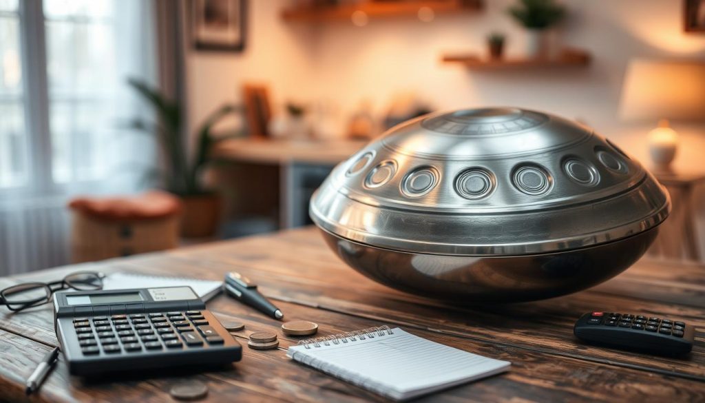 A handpan beautifully displayed on a rustic wooden table, with a soft focus on its metallic surface reflecting light in various hues. In the foreground, a close-up of the handpan shows its intricate patterns and craftsmanship, highlighting the raised notes and the gentle curves of the instrument. Surrounding it are various budget-related items like a small notepad, a calculator, and a few coins, creating a thoughtful atmosphere. The background features a softly blurred room with warm ambient lighting, evoking a cozy, inviting space ideal for musicians. The overall mood is calm and reflective, suggesting a consideration of investment in a handpan. A handpan beautifully displayed on a rustic wooden table, with a soft focus on its metallic surface reflecting light in various hues. In the foreground, a close-up of the handpan shows its intricate patterns and craftsmanship, highlighting the raised notes and the gentle curves of the instrument. Surrounding it are various budget-related items like a small notepad, a calculator, and a few coins, creating a thoughtful atmosphere. The background features a softly blurred room with warm ambient lighting, evoking a cozy, inviting space ideal for musicians. The overall mood is calm and reflective, suggesting a consideration of investment in a handpan.