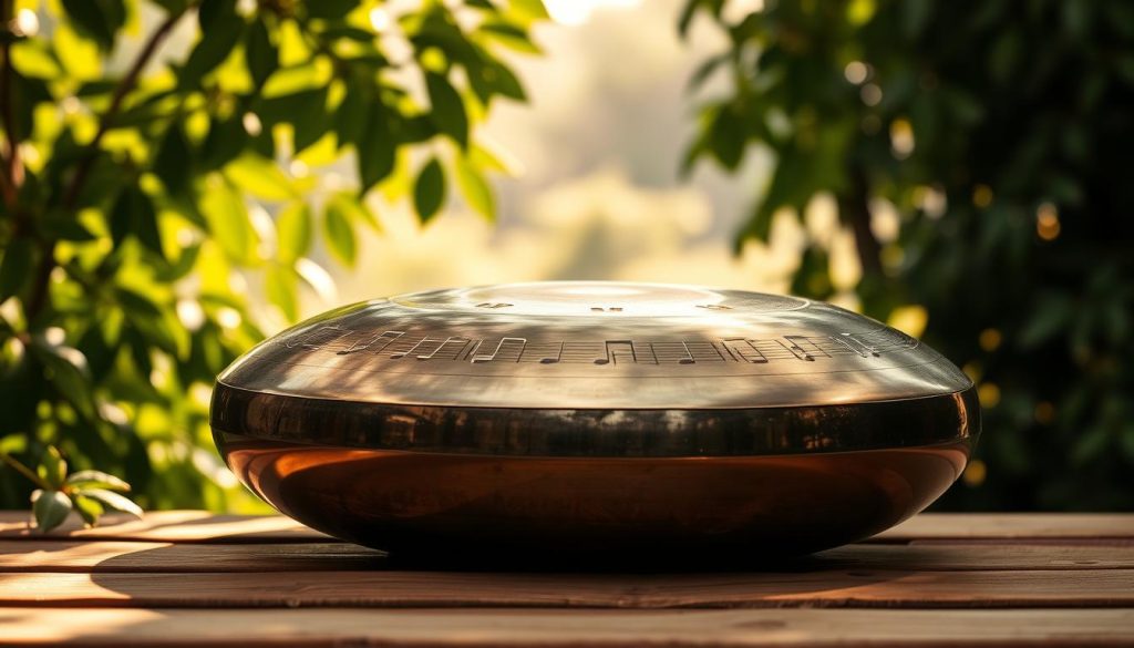 A serene handpan resting on a natural wooden surface, surrounded by lush green foliage. In the foreground, the handpan gleams under soft, warm lighting, reflecting its metallic textures and vibrant colors, showcasing intricate notes and symbols representing harmonic progressions. In the middle ground, a gentle breeze rustles the leaves, suggesting a tranquil atmosphere, while subtle sunlight filters through the branches, casting dappled light across the scene. The background features a softly blurred view of a peaceful outdoor setting, enhancing the mood of harmony and balance associated with the handpan's music. The composition should evoke a sense of calm and creativity, inviting viewers to explore the beautiful sounds and chords of this unique instrument. A serene handpan resting on a natural wooden surface, surrounded by lush green foliage. In the foreground, the handpan gleams under soft, warm lighting, reflecting its metallic textures and vibrant colors, showcasing intricate notes and symbols representing harmonic progressions. In the middle ground, a gentle breeze rustles the leaves, suggesting a tranquil atmosphere, while subtle sunlight filters through the branches, casting dappled light across the scene. The background features a softly blurred view of a peaceful outdoor setting, enhancing the mood of harmony and balance associated with the handpan's music. The composition should evoke a sense of calm and creativity, inviting viewers to explore the beautiful sounds and chords of this unique instrument.