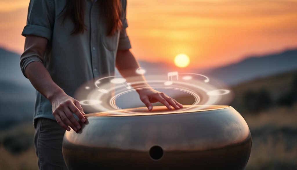 A serene, harmonious setting that captures the essence of handpan music's influence on balance and dynamics. In the foreground, a musician plays a beautifully crafted handpan, their fingers gracefully dancing over the notes, dressed in modest casual clothing. The middle ground features a softly glowing aura emanating from the handpan, visualizing the flow of harmonious sound waves that ripple outward. In the background, a tranquil natural landscape with gentle hills and a vibrant sunset creates a warm, inviting atmosphere. Soft, diffused lighting enhances the peaceful mood, while a shallow depth of field subtly blurs the background, drawing focus to the musician and their instrument. The overall image conveys a sense of calm, creativity, and connection through music. A serene, harmonious setting that captures the essence of handpan music's influence on balance and dynamics. In the foreground, a musician plays a beautifully crafted handpan, their fingers gracefully dancing over the notes, dressed in modest casual clothing. The middle ground features a softly glowing aura emanating from the handpan, visualizing the flow of harmonious sound waves that ripple outward. In the background, a tranquil natural landscape with gentle hills and a vibrant sunset creates a warm, inviting atmosphere. Soft, diffused lighting enhances the peaceful mood, while a shallow depth of field subtly blurs the background, drawing focus to the musician and their instrument. The overall image conveys a sense of calm, creativity, and connection through music.