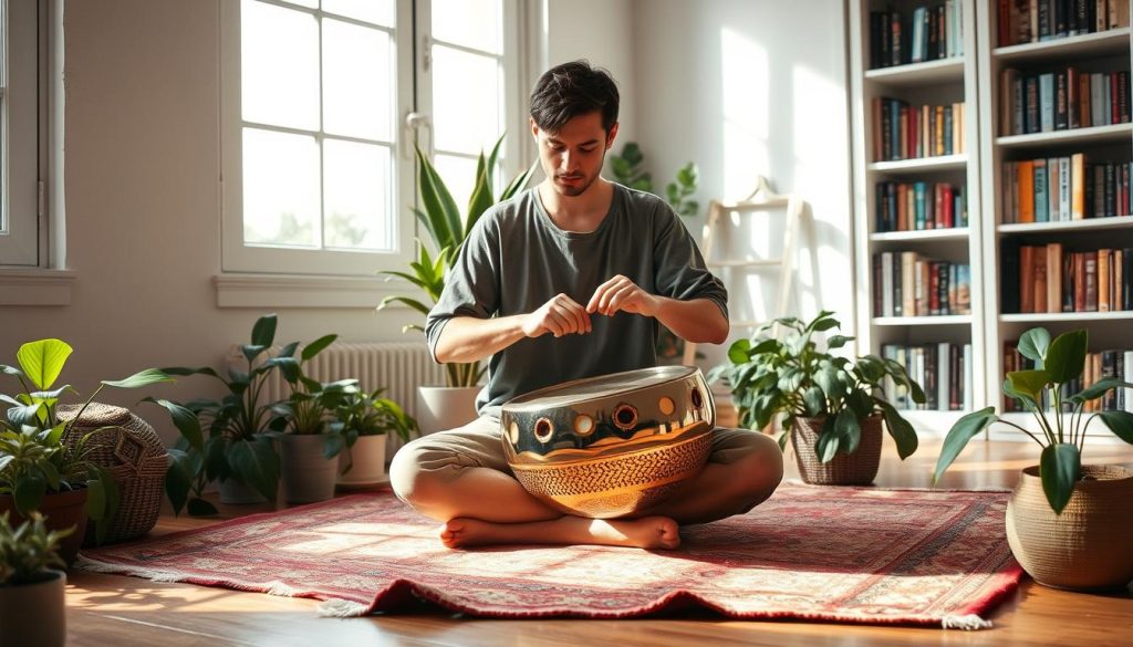 A serene indoor setting featuring a person sitting cross-legged on a soft, colorful rug, playing a handpan. The individual, dressed in a casual, modest outfit, displays focused concentration as they explore musical improvisation. Surrounding them are various plants, creating a tranquil, meditative atmosphere. Soft, natural light filters through a large window, casting gentle shadows and highlighting the handpan’s intricate design. In the background, shelves filled with books on music and meditation add depth to the scene. The mood is calm and inspiring, inviting creativity and reflection, embodying the essence of learning and personal growth through music. A serene indoor setting featuring a person sitting cross-legged on a soft, colorful rug, playing a handpan. The individual, dressed in a casual, modest outfit, displays focused concentration as they explore musical improvisation. Surrounding them are various plants, creating a tranquil, meditative atmosphere. Soft, natural light filters through a large window, casting gentle shadows and highlighting the handpan’s intricate design. In the background, shelves filled with books on music and meditation add depth to the scene. The mood is calm and inspiring, inviting creativity and reflection, embodying the essence of learning and personal growth through music.