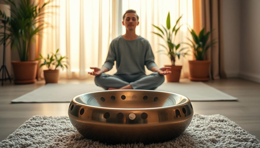 A serene indoor setting showcasing a handpan placed gently on a plush mat. In the foreground, a pair of calm hands lightly touching the pan, releasing soft, soothing sound waves that visually ripple through the air. In the middle ground, a relaxed individual, dressed in modest casual clothing, sits cross-legged in meditation, their eyes closed, embodying tranquility and focus. The background features a softly lit room with warm, natural light filtering through sheer curtains, casting delicate shadows. Potted plants add a touch of greenery, enhancing the calming atmosphere. The mood is peaceful and reflective, evoking a sense of stress relief and enhanced concentration through the harmonious vibrations of the handpan. A serene indoor setting showcasing a handpan placed gently on a plush mat. In the foreground, a pair of calm hands lightly touching the pan, releasing soft, soothing sound waves that visually ripple through the air. In the middle ground, a relaxed individual, dressed in modest casual clothing, sits cross-legged in meditation, their eyes closed, embodying tranquility and focus. The background features a softly lit room with warm, natural light filtering through sheer curtains, casting delicate shadows. Potted plants add a touch of greenery, enhancing the calming atmosphere. The mood is peaceful and reflective, evoking a sense of stress relief and enhanced concentration through the harmonious vibrations of the handpan.