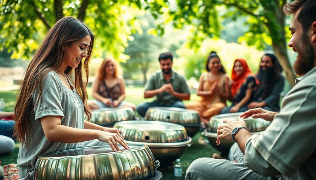 A serene outdoor gathering showcasing a diverse group of people sitting in a circle, all engaged in playing handpans. In the foreground, close-up on two individuals: a woman with long, flowing hair in a light, modest dress, and a man in a casual shirt, both deeply connected to their instruments. In the middle ground, others play handpans, smiling and sharing moments of joy, each person reflecting various cultures through their attire. The background features a tranquil natural landscape, with soft, dappled sunlight filtering through green leaves, creating a warm and inviting atmosphere. The image captures a sense of community, connection, and shared meditation, emphasizing harmony and tranquility in the scene. Overall, the lighting is soft and natural, evoking a peaceful mood, with a slight bokeh effect to highlight the subjects in focus. A serene outdoor gathering showcasing a diverse group of people sitting in a circle, all engaged in playing handpans. In the foreground, close-up on two individuals: a woman with long, flowing hair in a light, modest dress, and a man in a casual shirt, both deeply connected to their instruments. In the middle ground, others play handpans, smiling and sharing moments of joy, each person reflecting various cultures through their attire. The background features a tranquil natural landscape, with soft, dappled sunlight filtering through green leaves, creating a warm and inviting atmosphere. The image captures a sense of community, connection, and shared meditation, emphasizing harmony and tranquility in the scene. Overall, the lighting is soft and natural, evoking a peaceful mood, with a slight bokeh effect to highlight the subjects in focus.