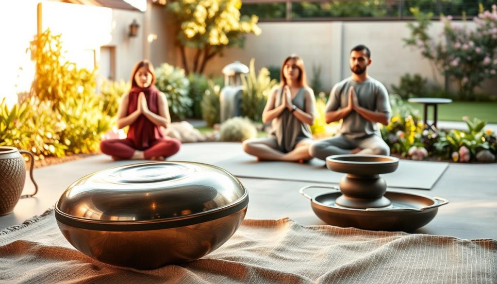 A serene scene showcasing a handpan surrounded by calming elements to illustrate therapeutic applications. In the foreground, a polished handpan sits on a soft, natural fabric rug, with gentle sunlight reflecting off its surface. In the middle ground, a diverse group of three individuals—two women and one man—practice meditation and light stretching exercises in modest, comfortable clothing. They are engaged in deep breathing, radiating tranquility. The background features a peaceful garden with soft greenery, blooming flowers, and a small water fountain, enhancing the soothing atmosphere. The setting is illuminated by warm, golden hour lighting, creating a harmonious and inviting mood. The lens captures the composition at a slight angle, emphasizing connection and well-being. A serene scene showcasing a handpan surrounded by calming elements to illustrate therapeutic applications. In the foreground, a polished handpan sits on a soft, natural fabric rug, with gentle sunlight reflecting off its surface. In the middle ground, a diverse group of three individuals—two women and one man—practice meditation and light stretching exercises in modest, comfortable clothing. They are engaged in deep breathing, radiating tranquility. The background features a peaceful garden with soft greenery, blooming flowers, and a small water fountain, enhancing the soothing atmosphere. The setting is illuminated by warm, golden hour lighting, creating a harmonious and inviting mood. The lens captures the composition at a slight angle, emphasizing connection and well-being.