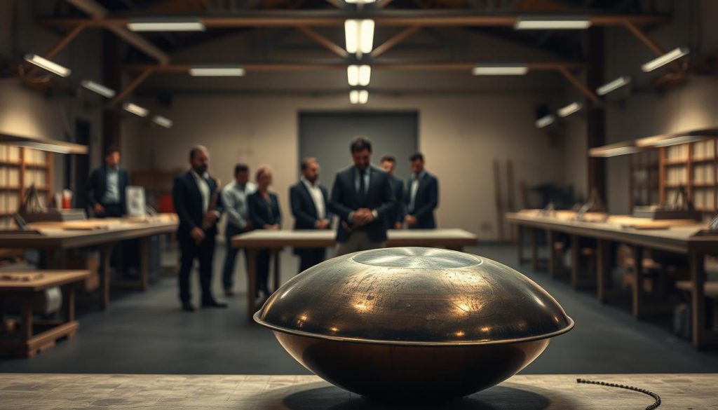 A somber yet thought-provoking scene depicting the end of PANArt's handpan production and its impact on the market. In the foreground, showcase a handpan resting on a table, slightly tarnished, symbolizing its legacy. In the middle ground, include a group of musicians in professional attire, gathered in a dimly lit room, expressing sadness and contemplation as they reminisce about the artistry and craftsmanship of handpans. The background reveals a stark workshop with empty workstations and unmade handpans, illuminated by soft, warm lighting to create a nostalgic atmosphere. Capture the mood of loss and reflection with a shallow depth of field, focusing on the handpan and musicians while blurring the workshop, creating an emotional connection to the instrument’s history. A somber yet thought-provoking scene depicting the end of PANArt's handpan production and its impact on the market. In the foreground, showcase a handpan resting on a table, slightly tarnished, symbolizing its legacy. In the middle ground, include a group of musicians in professional attire, gathered in a dimly lit room, expressing sadness and contemplation as they reminisce about the artistry and craftsmanship of handpans. The background reveals a stark workshop with empty workstations and unmade handpans, illuminated by soft, warm lighting to create a nostalgic atmosphere. Capture the mood of loss and reflection with a shallow depth of field, focusing on the handpan and musicians while blurring the workshop, creating an emotional connection to the instrument’s history.