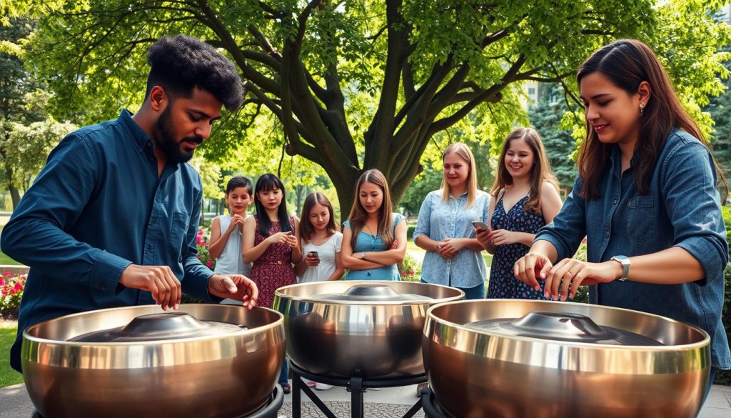 A vibrant outdoor scene showcasing the growing popularity of the handpan, featuring diverse musicians playing handpans in a park setting. In the foreground, three musicians of different ethnicities, dressed in modest casual clothing, are engaging with their instruments, creating a warm and inviting atmosphere. The middle layer shows a small gathering of onlookers, with expressions of joy and curiosity, listening intently to the music. In the background, lush green trees and colorful flowers add to the serene environment, while sunlight filters through the leaves, casting a gentle glow on the scene. The image captures a sense of community and the rising interest in the handpan, highlighting its role in modern music culture. The overall mood is uplifting and inspiring, reflecting the spirit of connection through music. A vibrant outdoor scene showcasing the growing popularity of the handpan, featuring diverse musicians playing handpans in a park setting. In the foreground, three musicians of different ethnicities, dressed in modest casual clothing, are engaging with their instruments, creating a warm and inviting atmosphere. The middle layer shows a small gathering of onlookers, with expressions of joy and curiosity, listening intently to the music. In the background, lush green trees and colorful flowers add to the serene environment, while sunlight filters through the leaves, casting a gentle glow on the scene. The image captures a sense of community and the rising interest in the handpan, highlighting its role in modern music culture. The overall mood is uplifting and inspiring, reflecting the spirit of connection through music.