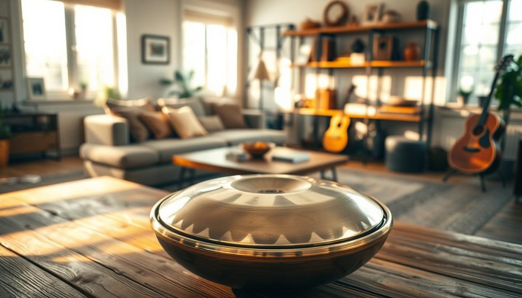 A beautifully crafted handpan, showcasing its intricate grooves and gleaming metallic surface, sits prominently in the foreground. It’s placed on a rustic wooden table, surrounded by soft, warm light that enhances its reflective qualities. In the middle ground, a cozy living room setting suggests a relaxed atmosphere, with gentle sunlight filtering through large windows, casting delicate shadows. On the walls, subtle art pieces hint at a creative environment. In the background, shelves with musical instruments and decor create a welcoming, artistic space. This scene exudes a sense of tranquility and inspiration, inviting viewers to appreciate the charm and benefits of choosing a handpan. The overall mood is serene and inviting, evoking a strong connection to music and craftsmanship. A beautifully crafted handpan, showcasing its intricate grooves and gleaming metallic surface, sits prominently in the foreground. It’s placed on a rustic wooden table, surrounded by soft, warm light that enhances its reflective qualities. In the middle ground, a cozy living room setting suggests a relaxed atmosphere, with gentle sunlight filtering through large windows, casting delicate shadows. On the walls, subtle art pieces hint at a creative environment. In the background, shelves with musical instruments and decor create a welcoming, artistic space. This scene exudes a sense of tranquility and inspiration, inviting viewers to appreciate the charm and benefits of choosing a handpan. The overall mood is serene and inviting, evoking a strong connection to music and craftsmanship.