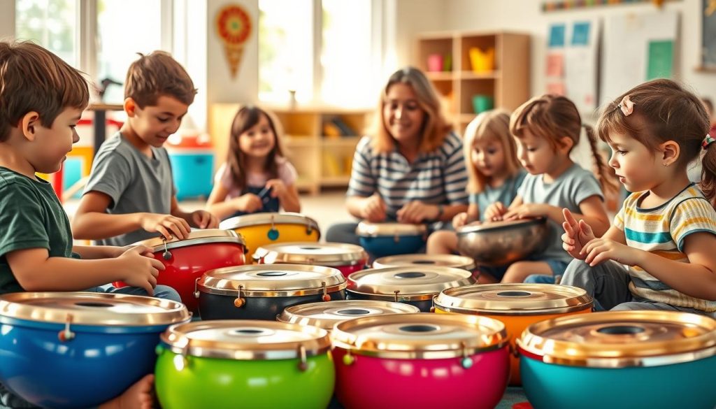 A beautifully designed scene showcasing ergonomic handpans for children. In the foreground, a diverse group of children, aged 5 to 10, seated around colorful handpans of various sizes and diameters, engaged in joyful play. The instruments are made from different materials, emphasizing light weight and comfortable handling for small hands. In the middle ground, a knowledgeable adult, dressed in casual clothing, observes and provides guidance, promoting an interactive learning environment. The background features a vibrant classroom or outdoor space, filled with natural light streaming in, enhancing the cheerful atmosphere. The composition captures a sense of exploration and creativity, emphasizing the importance of ergonomics in instrument selection for young learners. Soft, warm lighting highlights the joy and excitement of music-making. A beautifully designed scene showcasing ergonomic handpans for children. In the foreground, a diverse group of children, aged 5 to 10, seated around colorful handpans of various sizes and diameters, engaged in joyful play. The instruments are made from different materials, emphasizing light weight and comfortable handling for small hands. In the middle ground, a knowledgeable adult, dressed in casual clothing, observes and provides guidance, promoting an interactive learning environment. The background features a vibrant classroom or outdoor space, filled with natural light streaming in, enhancing the cheerful atmosphere. The composition captures a sense of exploration and creativity, emphasizing the importance of ergonomics in instrument selection for young learners. Soft, warm lighting highlights the joy and excitement of music-making.