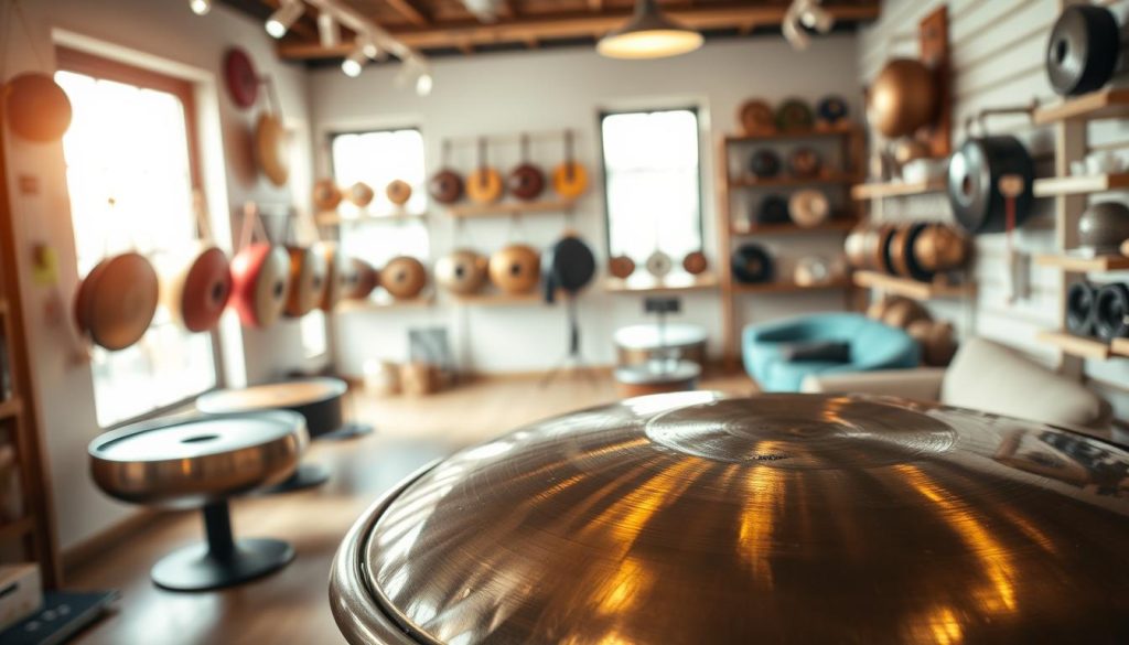 A beautifully detailed handpan, gleaming with a polished surface, sits prominently in the foreground, showcasing its intricate designs and harmonious notes. Surrounding the handpan, a well-lit music shop interior reflects a serene atmosphere, with warm, natural lighting streaming in through large windows. In the middle ground, various handpans of different colors and sizes hang on display, providing context for potential buyers. Shelves lined with accessories, like mallets and stands, add depth to the scene. A soft-focus background features a comfortable seating area where customers might try out the instruments, enhancing the inviting mood. The image captures a sense of calm and inspiration, ideal for aspiring handpan owners seeking guidance and making informed choices. A beautifully detailed handpan, gleaming with a polished surface, sits prominently in the foreground, showcasing its intricate designs and harmonious notes. Surrounding the handpan, a well-lit music shop interior reflects a serene atmosphere, with warm, natural lighting streaming in through large windows. In the middle ground, various handpans of different colors and sizes hang on display, providing context for potential buyers. Shelves lined with accessories, like mallets and stands, add depth to the scene. A soft-focus background features a comfortable seating area where customers might try out the instruments, enhancing the inviting mood. The image captures a sense of calm and inspiration, ideal for aspiring handpan owners seeking guidance and making informed choices.