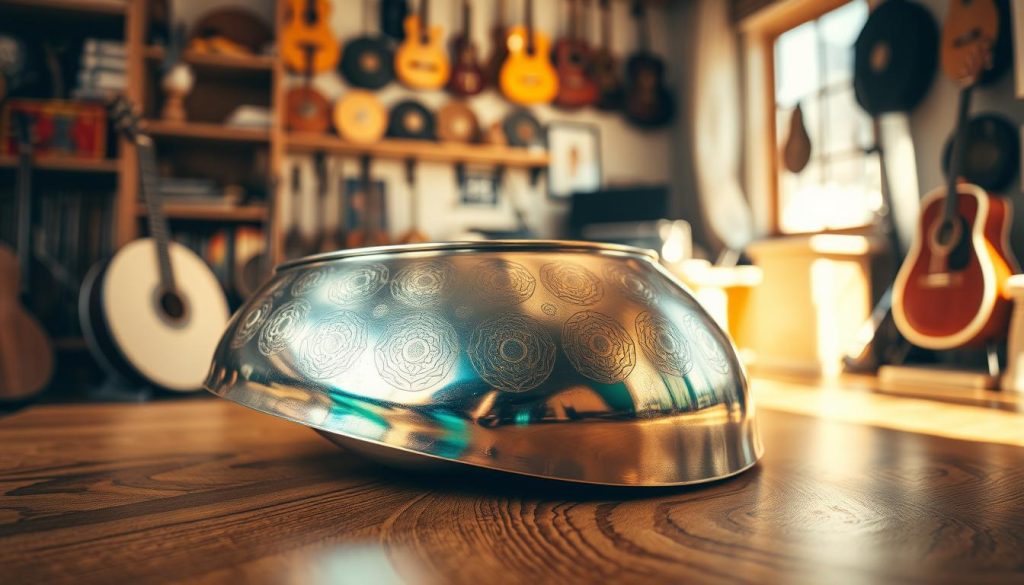 A close-up scene showcasing a beautifully crafted handpan, resting on a smooth wooden surface, rich in textures. The handpan features an array of gleaming metallic colors, displaying intricate engravings and vibrant hues reflecting the light. In the background, there is a soft-focus view of a cozy music studio, filled with shelves of musical instruments and warm ambient lighting that gives a welcoming atmosphere. The angle captures the handpan at a slight tilt, inviting the viewer to appreciate its details. Gentle sunlight filters through a window, casting soft shadows and highlighting the curves of the instrument, creating a serene, contemplative mood that reflects the joy of purchasing and choosing the right handpan. A close-up scene showcasing a beautifully crafted handpan, resting on a smooth wooden surface, rich in textures. The handpan features an array of gleaming metallic colors, displaying intricate engravings and vibrant hues reflecting the light. In the background, there is a soft-focus view of a cozy music studio, filled with shelves of musical instruments and warm ambient lighting that gives a welcoming atmosphere. The angle captures the handpan at a slight tilt, inviting the viewer to appreciate its details. Gentle sunlight filters through a window, casting soft shadows and highlighting the curves of the instrument, creating a serene, contemplative mood that reflects the joy of purchasing and choosing the right handpan.