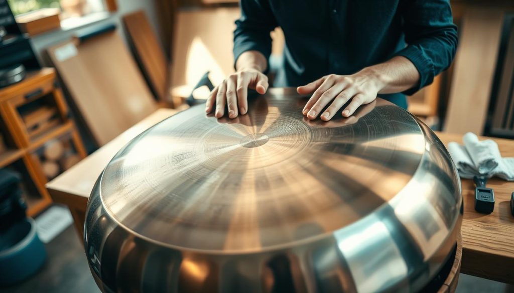 A close-up view of a handpan being inspected for physical condition, held by a professional, dressed in smart casual attire, examining the instrument with focused attention. The handpan gleams under soft, natural light, highlighting its intricate surface and unique tones. In the background, a wooden table is visible, with tools for inspection such as a tuner and cleaning cloths neatly arranged. The scene is set in a cozy workshop filled with warm colors, evoking a sense of craftsmanship and care. The composition captures a moment of meticulous inspection, emphasizing the importance of assessing the instrument's condition before purchase. The lens is slightly blurred at the edges, drawing attention to the handpan and the inspector’s hands, creating an intimate and professional atmosphere. A close-up view of a handpan being inspected for physical condition, held by a professional, dressed in smart casual attire, examining the instrument with focused attention. The handpan gleams under soft, natural light, highlighting its intricate surface and unique tones. In the background, a wooden table is visible, with tools for inspection such as a tuner and cleaning cloths neatly arranged. The scene is set in a cozy workshop filled with warm colors, evoking a sense of craftsmanship and care. The composition captures a moment of meticulous inspection, emphasizing the importance of assessing the instrument's condition before purchase. The lens is slightly blurred at the edges, drawing attention to the handpan and the inspector’s hands, creating an intimate and professional atmosphere.