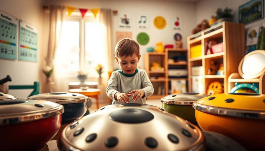A colorful, inviting scene centered around a handpan specifically designed for children. In the foreground, display an assortment of handpans in various sizes and colors, highlighting their distinct features like the number of notes and unique tonalities. In the middle ground, a bright and cheerful room filled with soft lighting creates a warm atmosphere, with a child's small hands gently playing one of the handpans. Surrounding the child, educational posters depicting scales and musical notes adorn the walls. In the background, a cozy, well-organized music corner with shelves filled with children's musical instruments. The overall mood is playful and encouraging, emphasizing the joy of music and creativity in children. The lighting should be soft and natural, simulating a late afternoon sunlight filtering through a nearby window. A colorful, inviting scene centered around a handpan specifically designed for children. In the foreground, display an assortment of handpans in various sizes and colors, highlighting their distinct features like the number of notes and unique tonalities. In the middle ground, a bright and cheerful room filled with soft lighting creates a warm atmosphere, with a child's small hands gently playing one of the handpans. Surrounding the child, educational posters depicting scales and musical notes adorn the walls. In the background, a cozy, well-organized music corner with shelves filled with children's musical instruments. The overall mood is playful and encouraging, emphasizing the joy of music and creativity in children. The lighting should be soft and natural, simulating a late afternoon sunlight filtering through a nearby window.