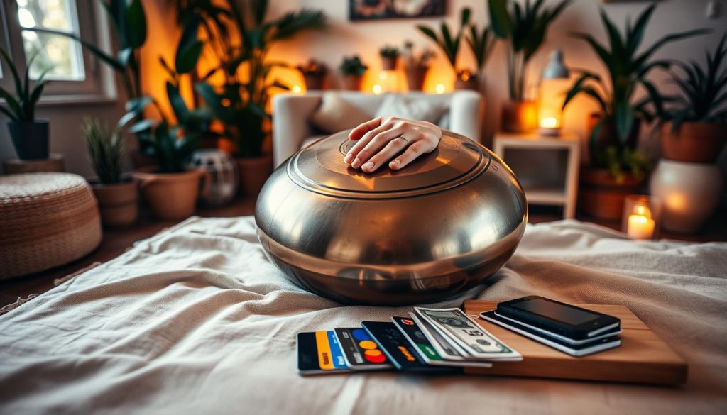 A cozy, inviting setting featuring a beautifully crafted handpan displayed on a soft, natural fabric. In the foreground, a pair of hands gently caresses the handpan, highlighting its intricate details and craftsmanship. In the middle ground, a variety of payment methods—like credit cards, cash, and digital wallets—are subtly arranged on a wooden table beside the handpan, symbolizing available purchasing options. The background reveals a softly lit room filled with plants and warm, ambient lighting, creating a calm and reassuring atmosphere. The scene is captured with a wide-angle lens to emphasize depth, focusing on the harmony between the instrument and the surroundings, evoking a sense of peace and thoughtful decision-making. A cozy, inviting setting featuring a beautifully crafted handpan displayed on a soft, natural fabric. In the foreground, a pair of hands gently caresses the handpan, highlighting its intricate details and craftsmanship. In the middle ground, a variety of payment methods—like credit cards, cash, and digital wallets—are subtly arranged on a wooden table beside the handpan, symbolizing available purchasing options. The background reveals a softly lit room filled with plants and warm, ambient lighting, creating a calm and reassuring atmosphere. The scene is captured with a wide-angle lens to emphasize depth, focusing on the harmony between the instrument and the surroundings, evoking a sense of peace and thoughtful decision-making.