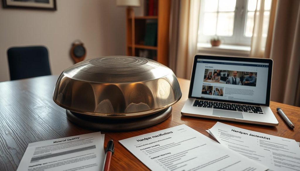A cozy, well-lit workspace featuring a close-up of a handpan placed on a wooden table. The handpan is made from high-quality steel, showcasing its beautiful and intricate patterns. In the foreground, there are detailed documents and a checklist that display various specifications to verify, such as material quality and tuning details. A laptop with an open webpage about handpan manufacturers is positioned beside the handpan, giving a sense of research and due diligence. In the background, soft natural light filters through a window, creating a warm and inviting atmosphere. The scene embodies a professional and focused mood, capturing the essence of careful consideration before making a purchase. A cozy, well-lit workspace featuring a close-up of a handpan placed on a wooden table. The handpan is made from high-quality steel, showcasing its beautiful and intricate patterns. In the foreground, there are detailed documents and a checklist that display various specifications to verify, such as material quality and tuning details. A laptop with an open webpage about handpan manufacturers is positioned beside the handpan, giving a sense of research and due diligence. In the background, soft natural light filters through a window, creating a warm and inviting atmosphere. The scene embodies a professional and focused mood, capturing the essence of careful consideration before making a purchase.