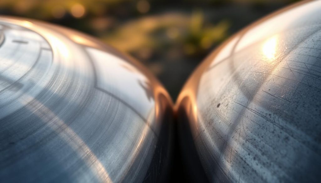 A detailed close-up of a handpan, showcasing two distinct materials side by side: shiny stainless steel on the left and a textured nitrided steel on the right. The image captures the intricate details of the handpan's surface, emphasizing the reflective qualities of stainless steel and the muted, rugged finish of nitrided steel. In the foreground, light glints off the steel surfaces, creating a warm, inviting glow. The middle ground features soft, diffused lighting that highlights the curves and contours of the instruments, while the background is a softly blurred natural setting, suggesting an outdoor play environment. The mood is serene and inspiring, ideal for an educational context about instrument durability and material differences. A detailed close-up of a handpan, showcasing two distinct materials side by side: shiny stainless steel on the left and a textured nitrided steel on the right. The image captures the intricate details of the handpan's surface, emphasizing the reflective qualities of stainless steel and the muted, rugged finish of nitrided steel. In the foreground, light glints off the steel surfaces, creating a warm, inviting glow. The middle ground features soft, diffused lighting that highlights the curves and contours of the instruments, while the background is a softly blurred natural setting, suggesting an outdoor play environment. The mood is serene and inspiring, ideal for an educational context about instrument durability and material differences.