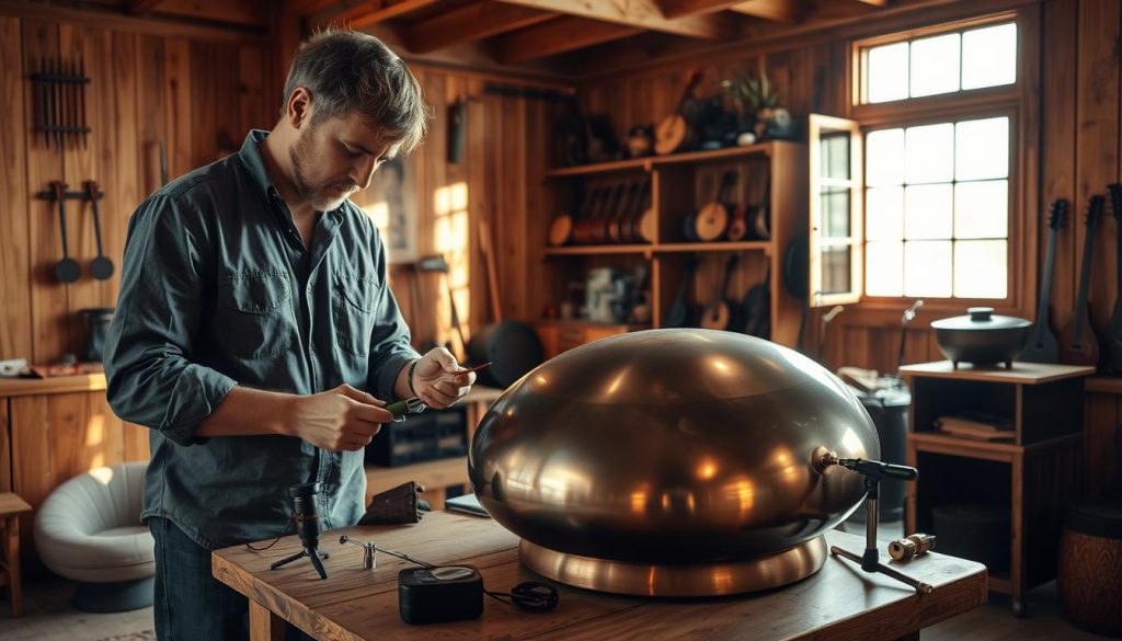A picturesque workshop setting with warm, natural lighting that enhances the wooden textures of the space. In the foreground, a skilled musician in modest casual clothing inspects a handpan, focusing on its tuning and sound quality. The handpan possesses a gleaming, metallic surface with intricate patterns, resting on a wooden table, surrounded by various tuning devices and sound measuring tools. In the middle ground, shelves lined with instruments add a sense of craftsmanship, while an open window in the background allows soft daylight to filter in, casting gentle shadows. The mood is contemplative and focused, emphasizing the care taken during the sound verification process. A picturesque workshop setting with warm, natural lighting that enhances the wooden textures of the space. In the foreground, a skilled musician in modest casual clothing inspects a handpan, focusing on its tuning and sound quality. The handpan possesses a gleaming, metallic surface with intricate patterns, resting on a wooden table, surrounded by various tuning devices and sound measuring tools. In the middle ground, shelves lined with instruments add a sense of craftsmanship, while an open window in the background allows soft daylight to filter in, casting gentle shadows. The mood is contemplative and focused, emphasizing the care taken during the sound verification process.