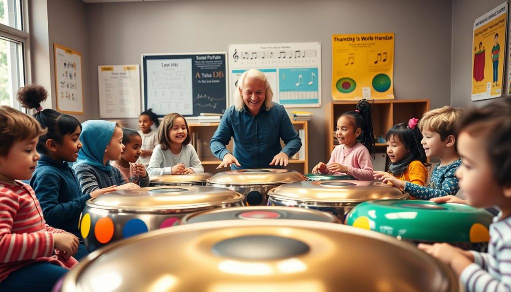 A serene classroom environment focusing on children's learning about music, specifically the handpan. In the foreground, a diverse group of children, aged 5 to 8, are engaged and smiling as they explore colorful handpans, with each child wearing comfortable, modest clothing. In the middle ground, an animated instructor demonstrates various handpan techniques, radiating enthusiasm. The background features educational posters showcasing musical notes and the handpan's evolution, softly illuminated by warm, natural light filtering through large windows. The atmosphere is joyful and inviting, encouraging curiosity and creativity, captured with a slight depth of field to emphasize the children’s expressions. Use a soft-focus lens to enhance the warm, nurturing ambiance. A serene classroom environment focusing on children's learning about music, specifically the handpan. In the foreground, a diverse group of children, aged 5 to 8, are engaged and smiling as they explore colorful handpans, with each child wearing comfortable, modest clothing. In the middle ground, an animated instructor demonstrates various handpan techniques, radiating enthusiasm. The background features educational posters showcasing musical notes and the handpan's evolution, softly illuminated by warm, natural light filtering through large windows. The atmosphere is joyful and inviting, encouraging curiosity and creativity, captured with a slight depth of field to emphasize the children’s expressions. Use a soft-focus lens to enhance the warm, nurturing ambiance.