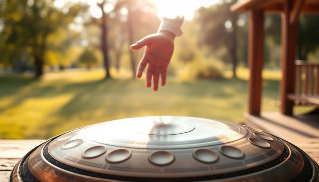 A serene handpan resting on a wooden stage, captured in warm natural light. The foreground features the handpan with its intricate surface, showcasing its vibrant notes and resonant grooves, emphasizing the craftsmanship. In the middle ground, a gentle hand reaches towards the instrument, about to play, dressed in professional casual attire. In the background, soft, blurred silhouettes of trees create a tranquil outdoor setting, suggesting harmony with nature. The atmosphere conveys a sense of calm and reflection, inviting viewers to consider the musical frequencies of the handpan, particularly the contrasting ideas of 432 Hz and 440 Hz. The perspective is slightly angled to highlight both the player and the handpan, creating an inviting and immersive scene. A serene handpan resting on a wooden stage, captured in warm natural light. The foreground features the handpan with its intricate surface, showcasing its vibrant notes and resonant grooves, emphasizing the craftsmanship. In the middle ground, a gentle hand reaches towards the instrument, about to play, dressed in professional casual attire. In the background, soft, blurred silhouettes of trees create a tranquil outdoor setting, suggesting harmony with nature. The atmosphere conveys a sense of calm and reflection, inviting viewers to consider the musical frequencies of the handpan, particularly the contrasting ideas of 432 Hz and 440 Hz. The perspective is slightly angled to highlight both the player and the handpan, creating an inviting and immersive scene.