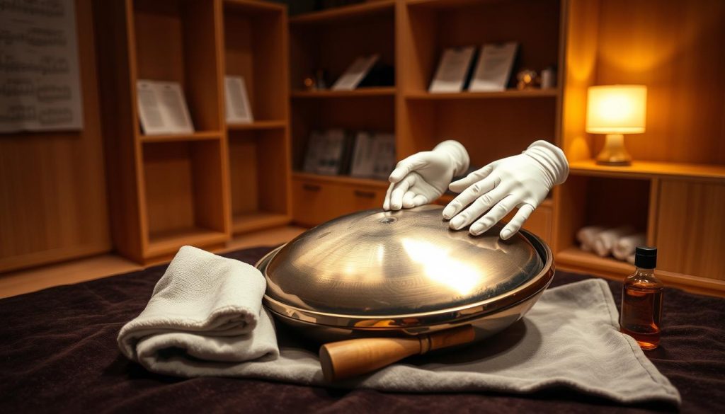 A serene indoor environment showcasing a beautifully crafted handpan resting on a soft velvet cloth, with a gentle spotlight illuminating its polished surface, revealing intricate tuning notes and patterns. In the foreground, a pair of hands wearing white cotton gloves delicately handle the handpan, emphasizing care and attention during maintenance. In the middle ground, essential accessories for handpan care are neatly arranged: a microfiber cloth, a tuning hammer, and a bottle of protective oil. The background softly fades into a warm, inviting room with natural wooden shelves displaying music sheets and sound-proofing panels. The overall mood is calm and professional, conveying an atmosphere of mindfulness and dedication to preserving the instrument's beauty. Soft, ambient lighting creates a cozy and focused experience. A serene indoor environment showcasing a beautifully crafted handpan resting on a soft velvet cloth, with a gentle spotlight illuminating its polished surface, revealing intricate tuning notes and patterns. In the foreground, a pair of hands wearing white cotton gloves delicately handle the handpan, emphasizing care and attention during maintenance. In the middle ground, essential accessories for handpan care are neatly arranged: a microfiber cloth, a tuning hammer, and a bottle of protective oil. The background softly fades into a warm, inviting room with natural wooden shelves displaying music sheets and sound-proofing panels. The overall mood is calm and professional, conveying an atmosphere of mindfulness and dedication to preserving the instrument's beauty. Soft, ambient lighting creates a cozy and focused experience.