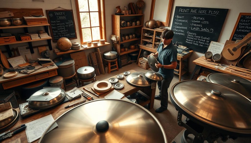 A serene workshop scene showcasing the craftsmanship behind handpan manufacturing. In the foreground, an artisan, dressed in modest casual clothing, skillfully tunes a handpan, surrounded by an array of tools and instruments. The middle of the image features a wooden workbench cluttered with half-finished handpans, alongside notes and diagrams detailing the production process. In the background, shelves display completed instruments and a chalkboard lists information about waiting lists and flash sales, creating a sense of anticipation. Soft, natural light filters through a window, illuminating the warm tones of the wood and metal, evoking a calm and inviting atmosphere. The angle is slightly overhead, capturing the entire workspace while keeping the focus on the meticulous details of handpan creation. A serene workshop scene showcasing the craftsmanship behind handpan manufacturing. In the foreground, an artisan, dressed in modest casual clothing, skillfully tunes a handpan, surrounded by an array of tools and instruments. The middle of the image features a wooden workbench cluttered with half-finished handpans, alongside notes and diagrams detailing the production process. In the background, shelves display completed instruments and a chalkboard lists information about waiting lists and flash sales, creating a sense of anticipation. Soft, natural light filters through a window, illuminating the warm tones of the wood and metal, evoking a calm and inviting atmosphere. The angle is slightly overhead, capturing the entire workspace while keeping the focus on the meticulous details of handpan creation.