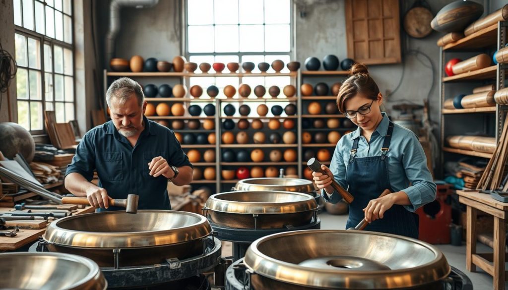 A vibrant workshop scene showcasing skilled handpan manufacturers at work. In the foreground, two artisans, a middle-aged man and a young woman, both dressed in professional casual attire, are carefully crafting handpans, using hammers and tools with precision. Their expressions reflect focus and passion. In the middle ground, shelves filled with various handpan models display a range of colors and sizes, indicating the craftsmanship diversity. In the background, large windows allow soft, natural lighting to illuminate the workshop, creating a warm and inviting atmosphere. Tools and materials scatter around, enhancing the authenticity of the setting. The overall mood is industrious yet creative, capturing the essence of a global community dedicated to making quality handpans. A vibrant workshop scene showcasing skilled handpan manufacturers at work. In the foreground, two artisans, a middle-aged man and a young woman, both dressed in professional casual attire, are carefully crafting handpans, using hammers and tools with precision. Their expressions reflect focus and passion. In the middle ground, shelves filled with various handpan models display a range of colors and sizes, indicating the craftsmanship diversity. In the background, large windows allow soft, natural lighting to illuminate the workshop, creating a warm and inviting atmosphere. Tools and materials scatter around, enhancing the authenticity of the setting. The overall mood is industrious yet creative, capturing the essence of a global community dedicated to making quality handpans.