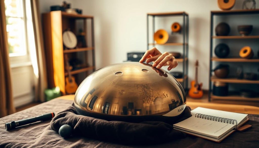 An inviting scene set in a well-lit room, focusing on a handpan resting elegantly on a soft, dark velvet surface. The foreground features a meticulous inspection process, showcasing a pair of hands gently examining the handpan's surface for dents and imperfections. The middle ground captures a table scattered with essential tools for evaluation: a tuner, a small flashlight, and a notebook filled with notes. The background presents softly blurred shelves lined with other musical instruments, enhancing the atmosphere of a professional setting. Natural light streams in through a nearby window, casting warm highlights, while creating a calm and focused ambiance, reflecting the seriousness of ensuring the handpan’s quality before purchase. An inviting scene set in a well-lit room, focusing on a handpan resting elegantly on a soft, dark velvet surface. The foreground features a meticulous inspection process, showcasing a pair of hands gently examining the handpan's surface for dents and imperfections. The middle ground captures a table scattered with essential tools for evaluation: a tuner, a small flashlight, and a notebook filled with notes. The background presents softly blurred shelves lined with other musical instruments, enhancing the atmosphere of a professional setting. Natural light streams in through a nearby window, casting warm highlights, while creating a calm and focused ambiance, reflecting the seriousness of ensuring the handpan’s quality before purchase.